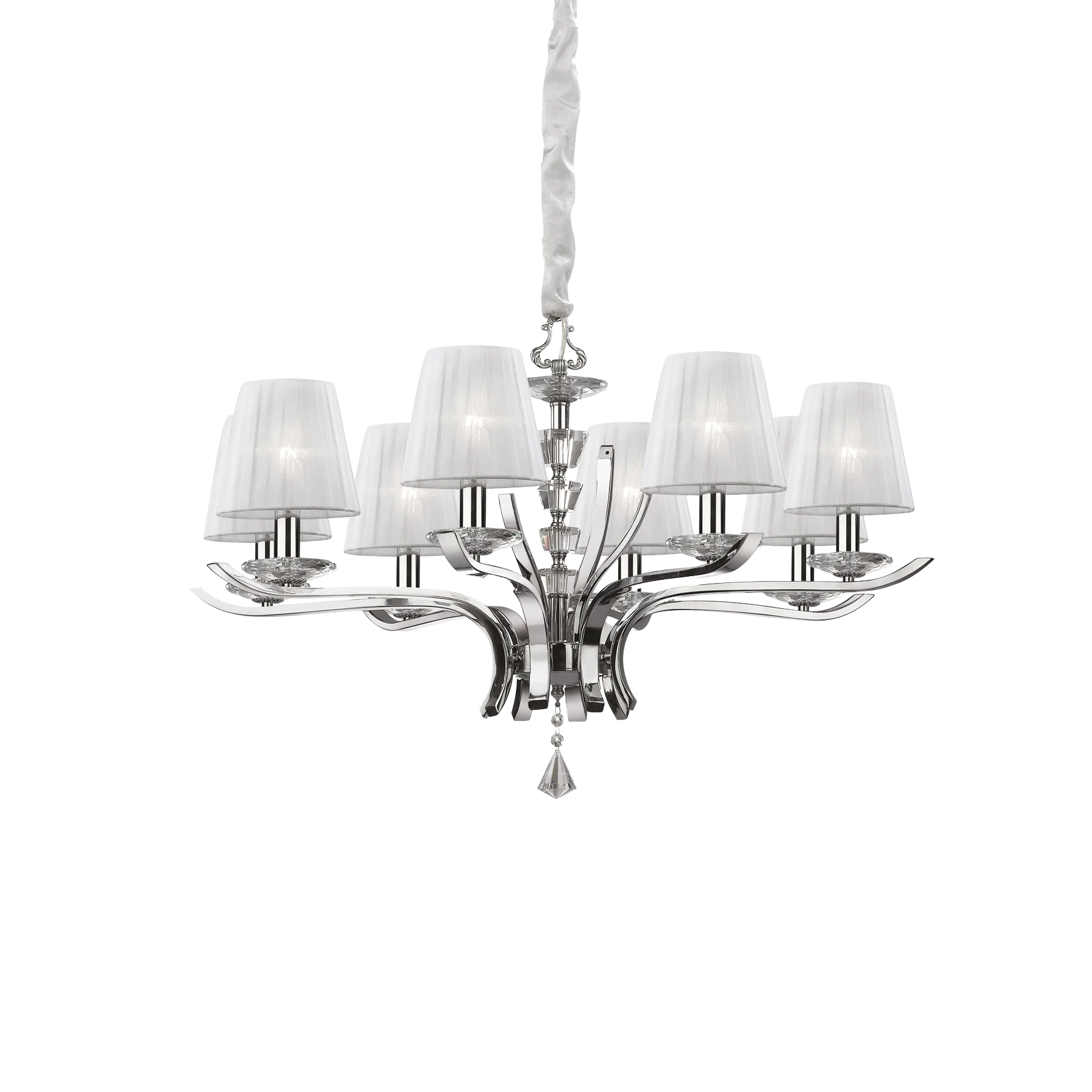 Lámpara colgante Ideal Lux Pegaso blanco cristal y tela 8 luces 224W Ø76cm