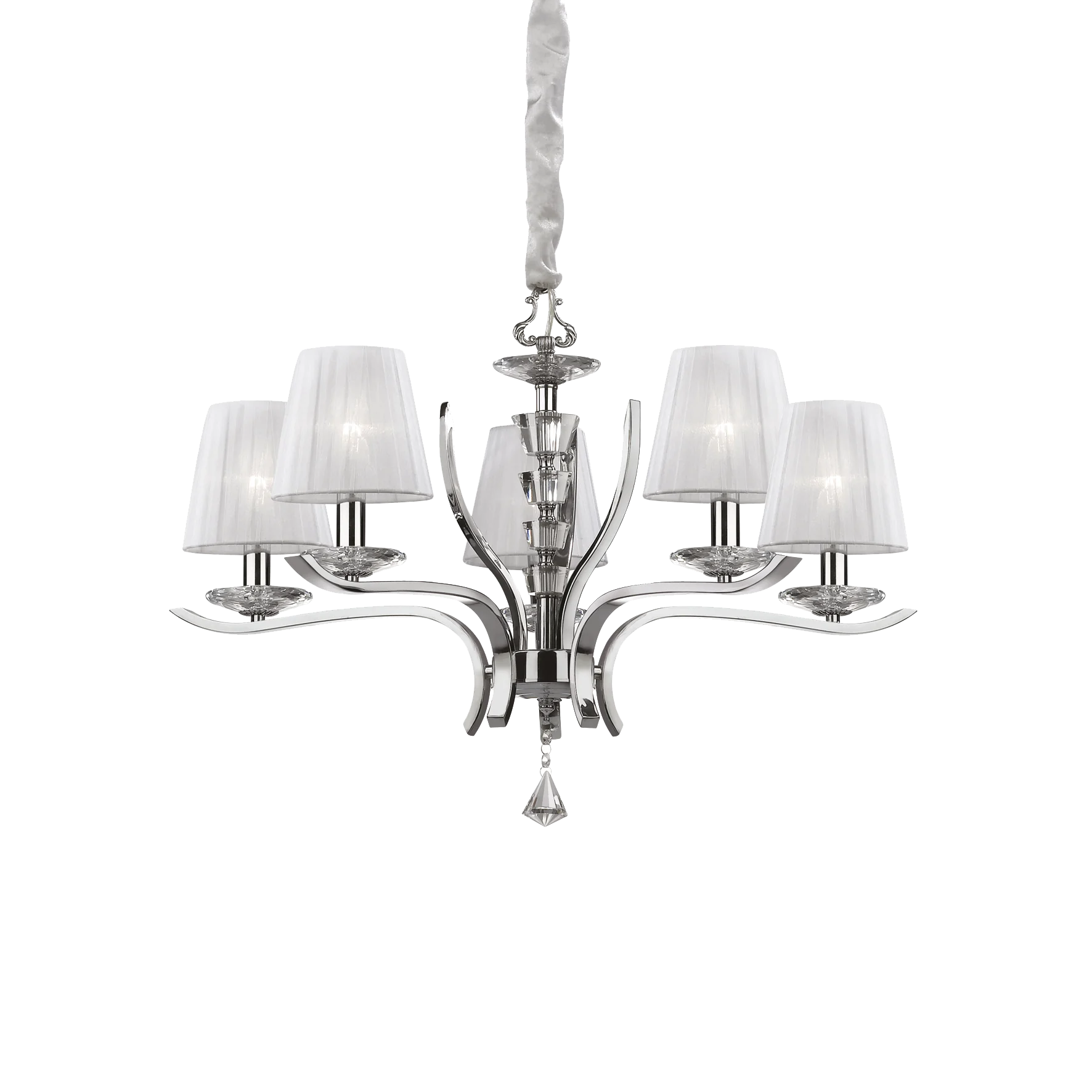 Lámpara colgante Ideal Lux Pegaso blanco cristal y tela 5 luces 140W Ø72cm