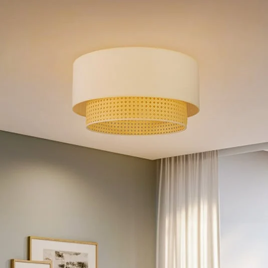 Plafón Boho, color crema/madera, Ø 45 cm, tela/ratán