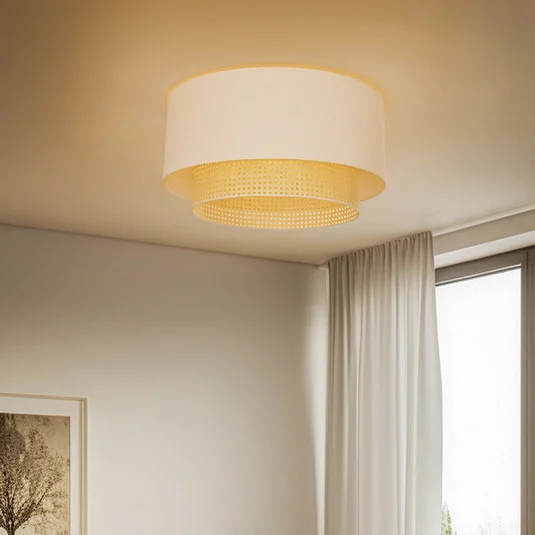 Plafón Boho, color crema/madera, Ø 60 cm, tela/ratán