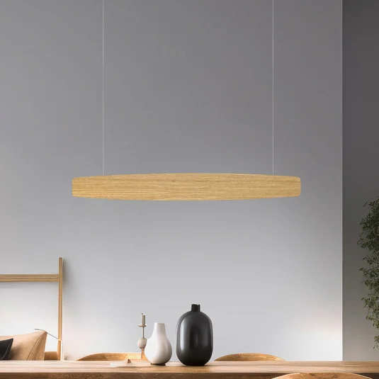 Quitani Lámpara colgante LED Persida, 98 cm de largo, roble, 2.700 K