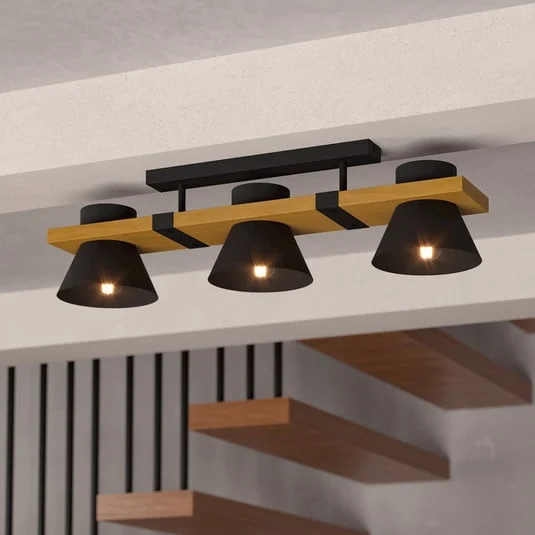 Plafón Maccles en negro con madera, 3 luces
