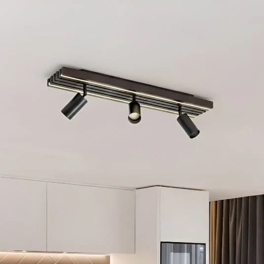 Downlight LED Lucande Tiron, 3 luces, 70 cm, roble