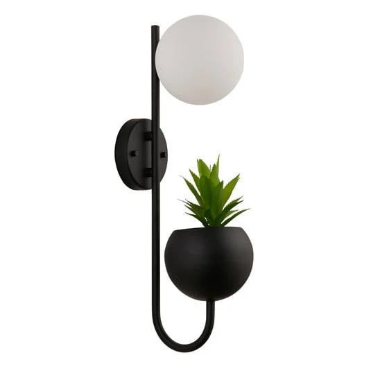 Aplique de pared Makarius, negro/blanco, cristal, maceta colgante