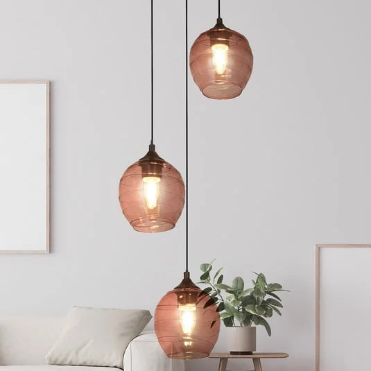 Lámpara colgante Ojay, ciruela/negro, cristal, 3 luces, E27