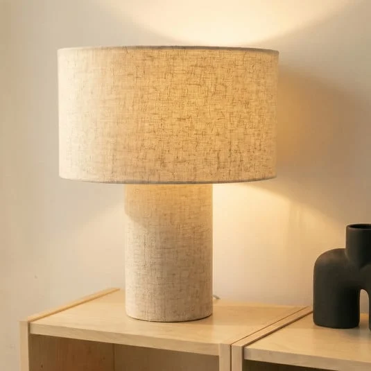 Lámpara de mesa Lindby Elfie, Ø 35 cm, beige, lino, E27