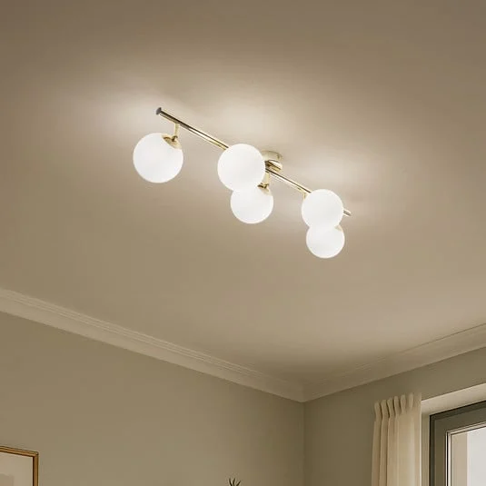 Plafón Drum, color dorado, cristal, longitud 80 cm, 5 luces
