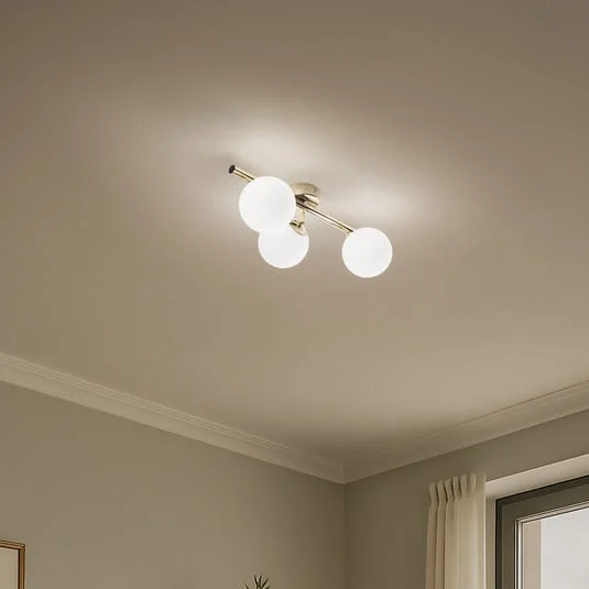 Plafón Drum, color dorado, 3 luces, cristal, longitud 46 cm