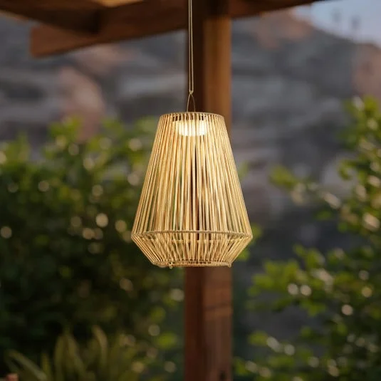 Lámpara colgante solar LED Lindby Austas, beige, Ø 32 cm, USB, IP54