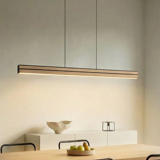Lámpara colgante LED Quitani Lisene, roble/negro, CCT, 117 cm, atenuable.