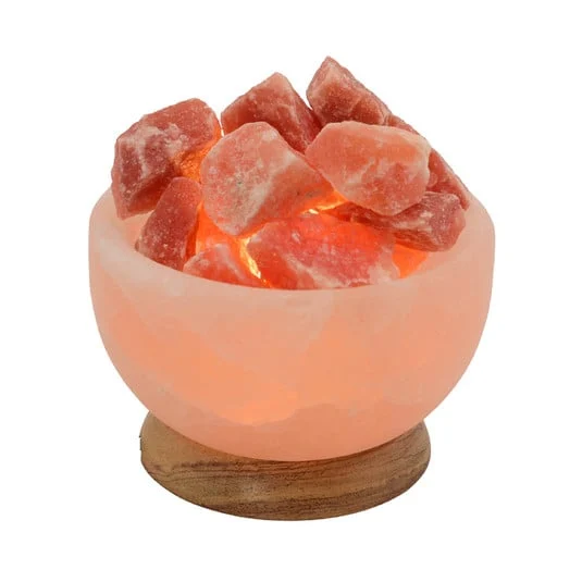 Lámpara de cristal de sal, cuenco redondo, base de madera, ámbar