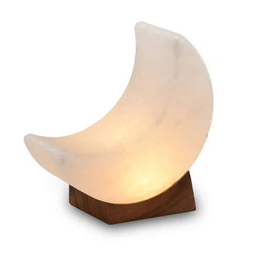 Lámpara de cristal de sal «Mond white line» USB, base de madera, blanca