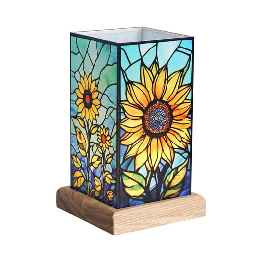 Lámpara de mesa LED Art Light Girasol, base de madera, acrílico de colores