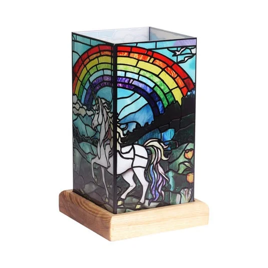 Lámpara de mesa LED Art Light Unicornio, base de madera, acrílico de colores
