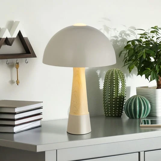 Lámpara de mesa Paulin, gris/efecto madera, metal, 37 cm, E27