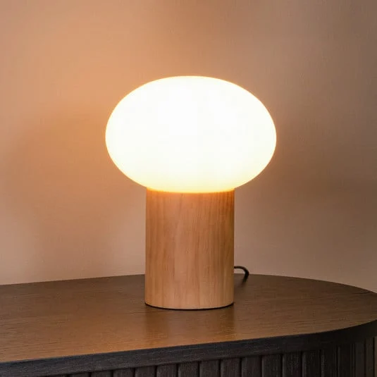 Lámpara de mesa Birtle, altura 23 cm, blanco/madera clara, madera/vidrio