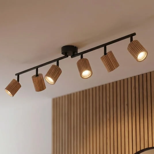 Downlight Lindby Stralino, 6 luces, 102 cm de largo, madera