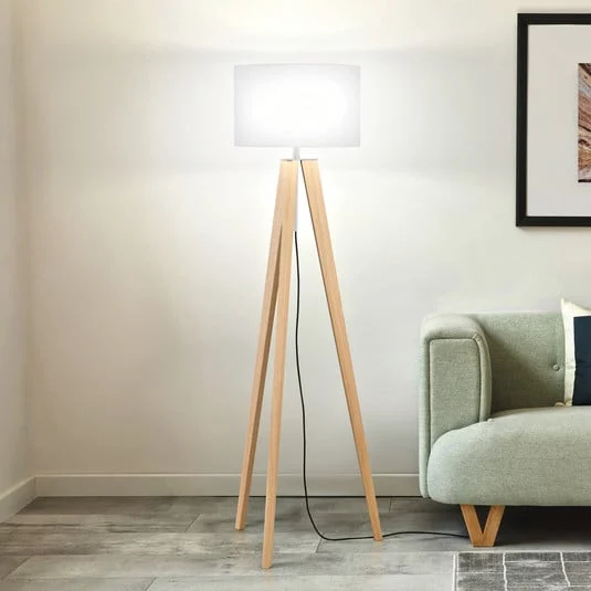 Lámpara de pie SHINE-WOOD, blanco/níquel/roble, altura 164 cm, 3 x E27