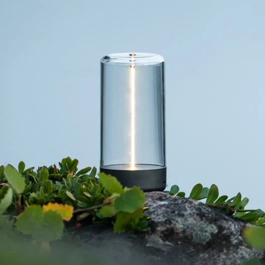 Lámpara de mesa LED recargable Edison, altura 15 cm, gris/transparente, IP54
