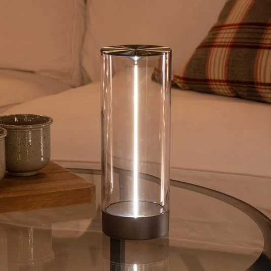 Lámpara de mesa LED recargable Edison, altura 24 cm, gris/transparente, IP54