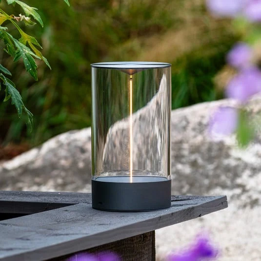 Lámpara de mesa LED recargable Edison, altura 23 cm, gris/transparente, IP54