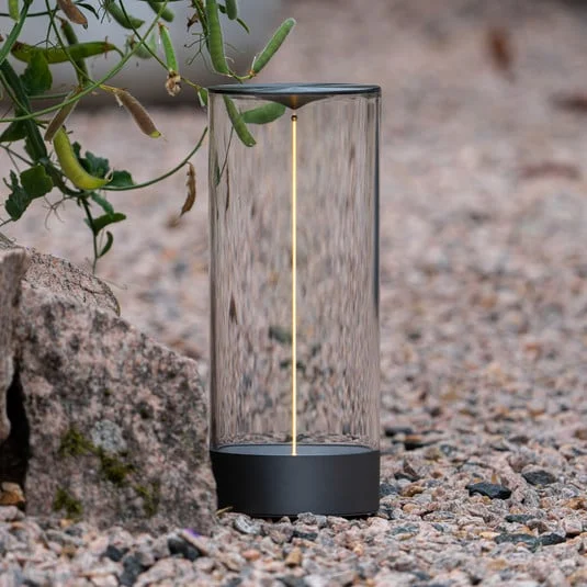 Lámpara de mesa LED recargable Edison, altura 32 cm, gris/transparente, IP54