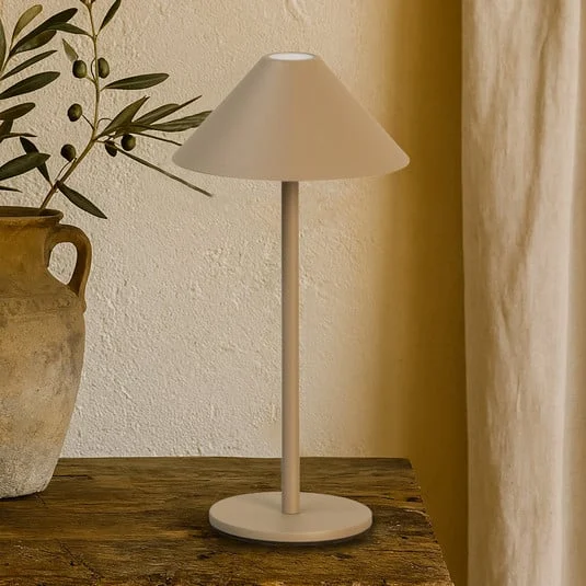 Lámpara de mesa LED recargable Prato, gris claro, altura 25 cm, metal IP54
