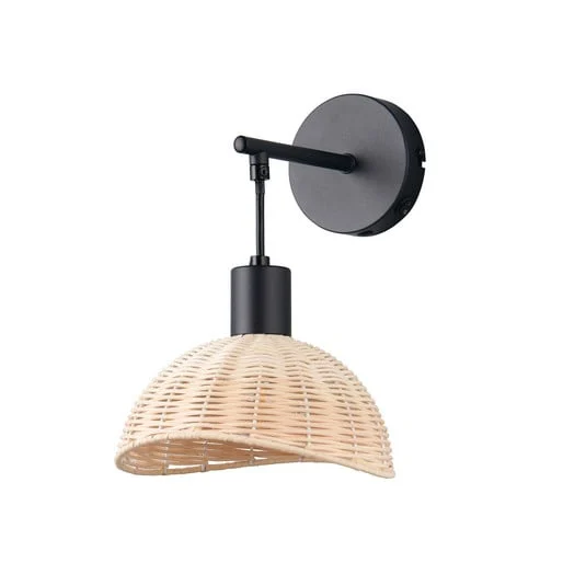 Aplique de pared Calvi, ratán natural, negro, metal, Ø 18 cm
