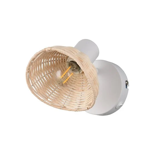 Aplique de pared Calvi, blanco, ratán natural, Ø 13 cm, interruptor