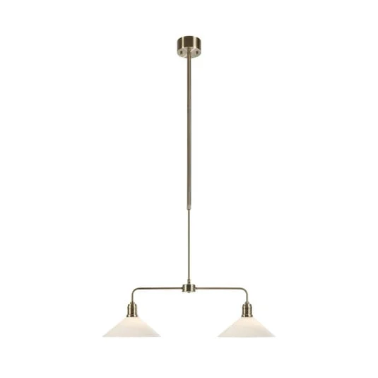 Lámpara colgante Vela, latón antiguo, 2 luces, cristal, longitud 75 cm