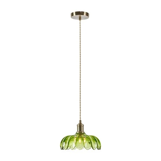 Lámpara colgante Kurage, latón antiguo/verde, cristal, Ø 26 cm, E27