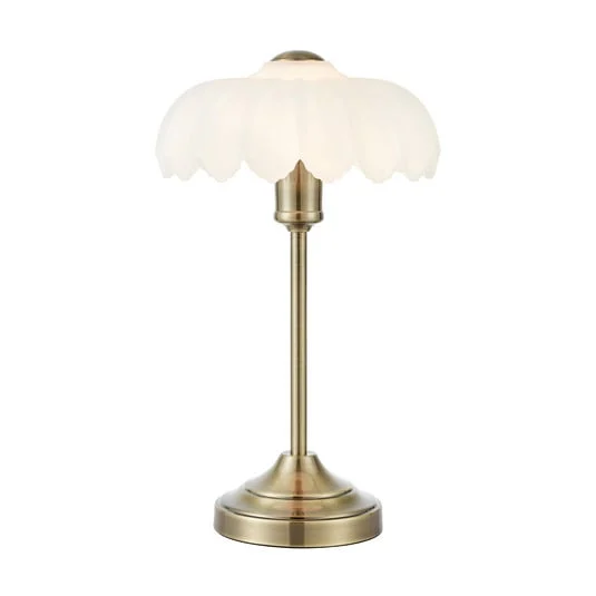 Lámpara de mesa Kurage, latón antiguo/blanco, cristal, altura 43 cm, E27