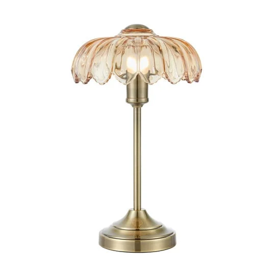 Lámpara de mesa Kurage, latón antiguo/ámbar, cristal, altura 43 cm, E27