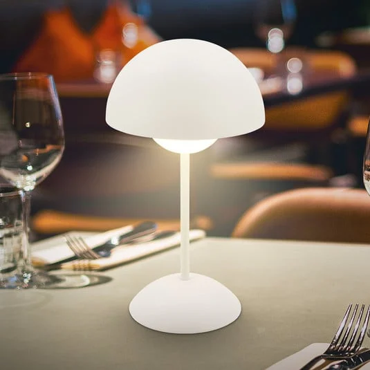 Lámpara de mesa LED recargable Kugle, blanca, metal, IP44, atenuable