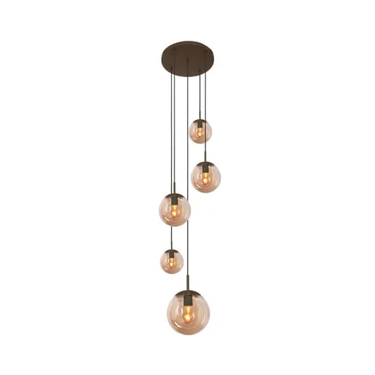 Lámpara colgante Bollique, marrón/ámbar, cristal, 5 luces