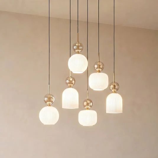 Lámpara colgante Sophia, 6 luces, blanco/coñac, 65 cm de largo, E14