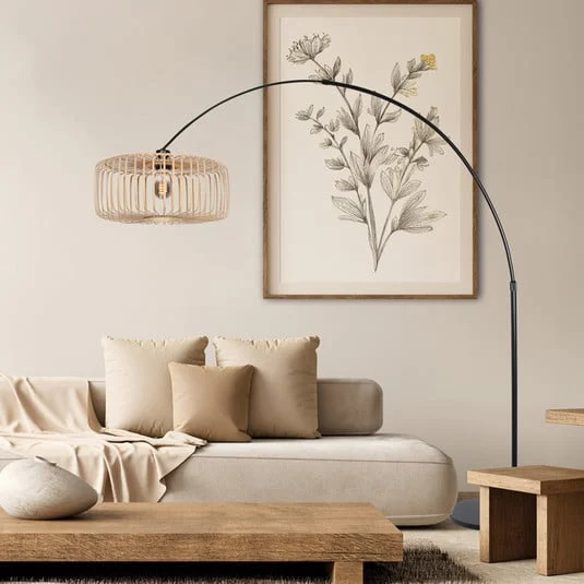 Lámpara de pie curvada Sparkled Light, negro/bambú natural, 240 cm