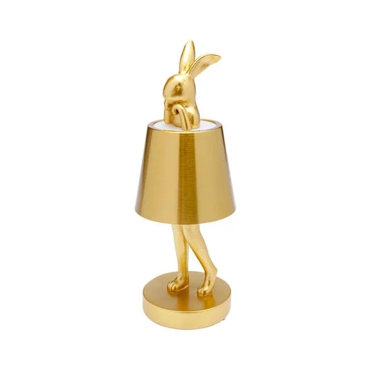 Lámpara de mesa LED recargable KARE Animal Rabbit, dorada, IP54, 29 cm