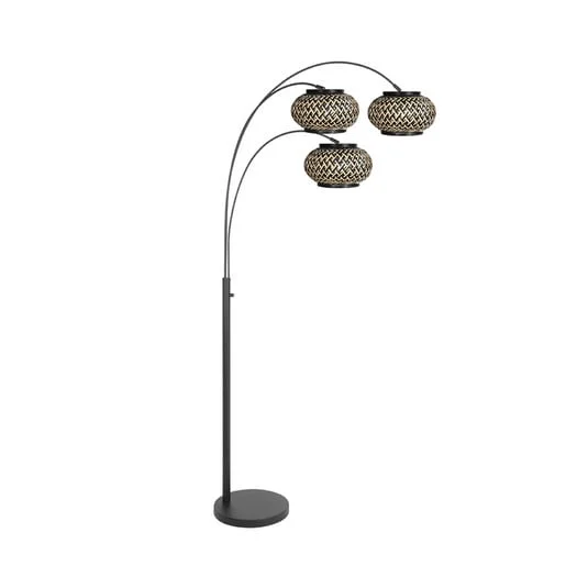 Lámpara de pie Nox Light de 3 luces, negra, con trenzado de bambú, E27