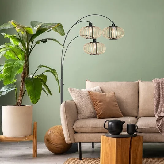 Lámpara de pie Nox Light de 3 luces, negra, con varillas de bambú, E27