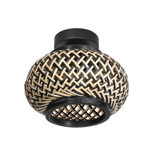 Plafón Bloeba, negro, trenzado de bambú, Ø 22,5 cm