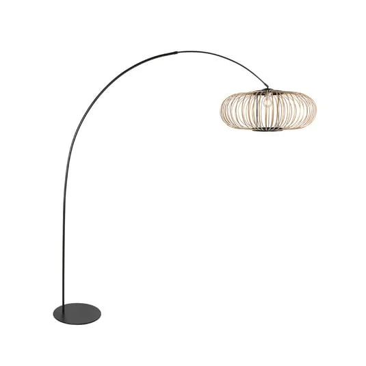 Lámpara arqueada Curve, negra, pantalla con varillas de bambú, Ø 60 cm