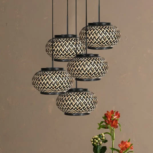 Lámpara colgante NoxLight, 5 luces, redonda, negra, trenzado de bambú