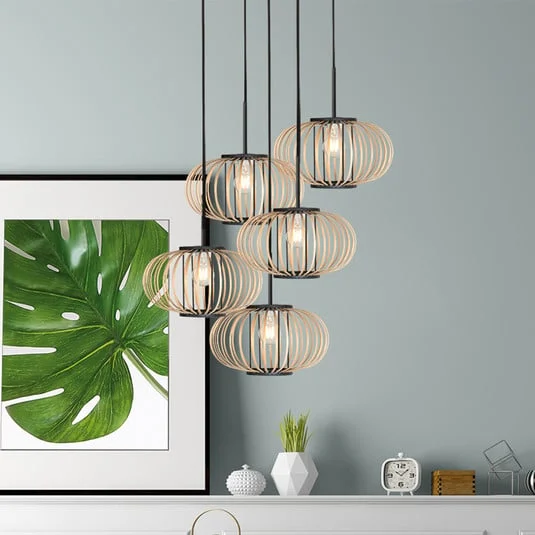 Lámpara colgante Silva, 5 luces, redonda, negra, con varillas de bambú