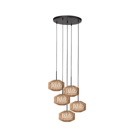 Lámpara colgante Ropex 4525, 5 luces, redonda, negra, cable marrón