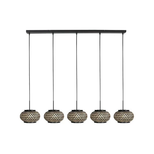 Lámpara colgante NoxLight, 5 luces, modelo largo, negro, trenzado de bambú
