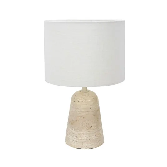 Lámpara de mesa Travino, altura 34 cm, travertino, lino, E27