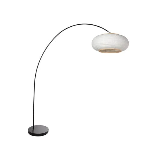 Lámpara de pie con pie curvo Solva, negro/lino gris, altura 185 cm