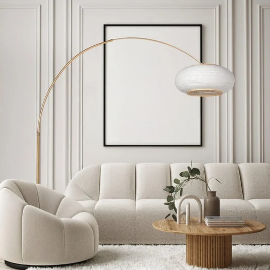Lámpara de pie curvada Sparkled Light, bronce/lino gris, 240 cm