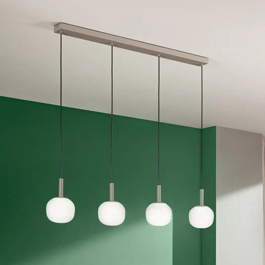 Lámpara colgante Eris, longitud 114 cm, marrón/blanco, metal/vidrio, 4 luces.